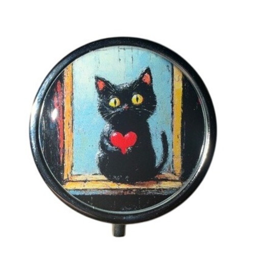 Black Cat with Red Heart pill box‎ Jewelry case New